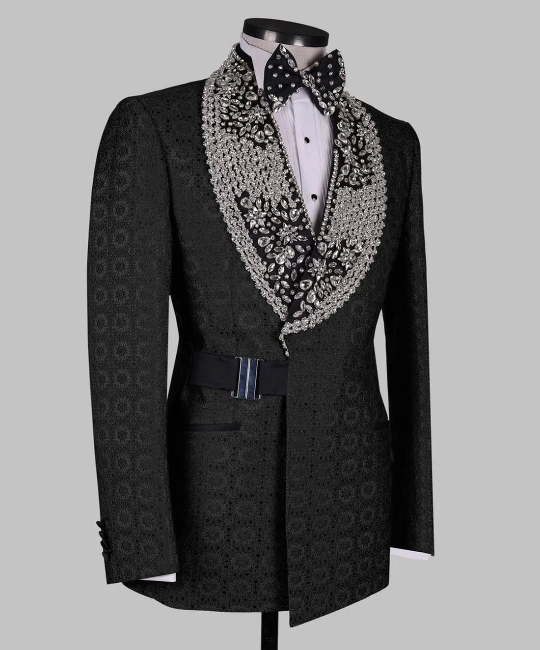 Luxurious Crystal Men Suits for Wedding Shawl Collar Belt Tuxedos Groom Party 2 Pcs Blazer Pants Customized Suit