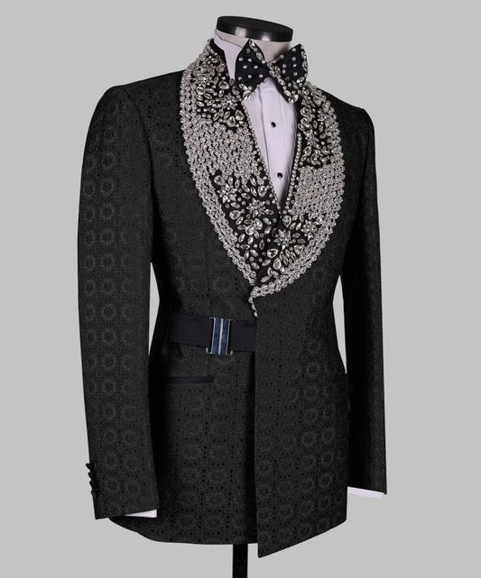 Luxurious Crystal Men Suits for Wedding Shawl Collar Belt Tuxedos Groom Party 2 Pcs Blazer Pants Customized Suit