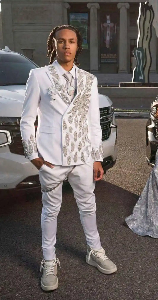 Luxury Beaded Wedding Tuxedos 2 Piece Set Jacket Pants Single Breasted Men Suits White Crystal Groom Wear Party Suit Customized