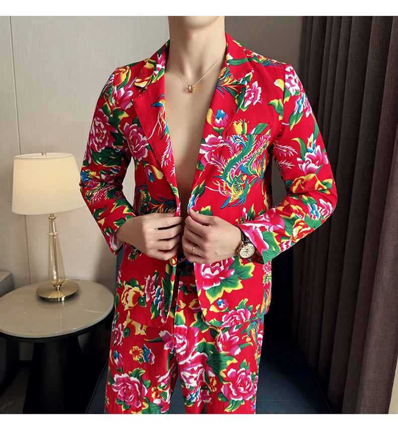 Traje de 2 piezas para hombre, estilo vintage, para fiesta, con estampado de flores grandes, estilo noreste de China, chaqueta y pantalones.