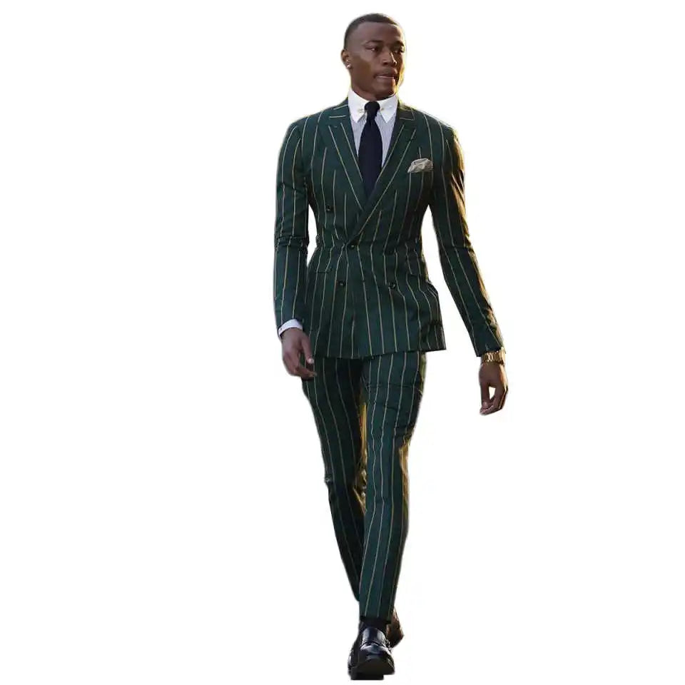 Vintage Pinstriped Men Wedding Suits Peaked Lapel Double Breasted Tuxedos Groom Party 2 Pcs Blazer Pants Customized Suit
