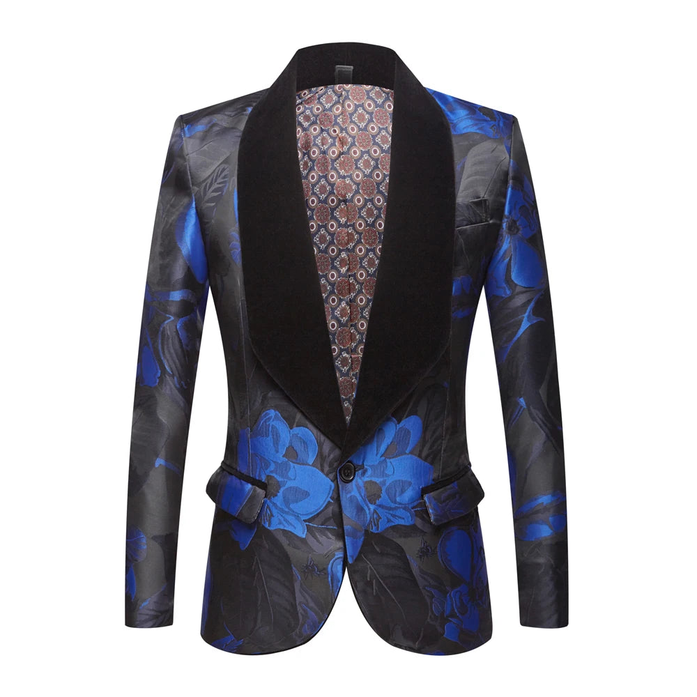Blazer à revers en jacquard à fleurs bleues pour homme, veste de costume à la mode, coupe cintrée, style sauvage