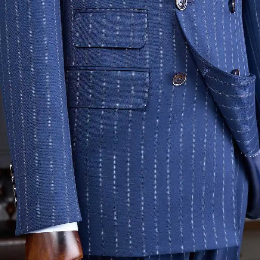 Business Blue Wedding Tuxedos 2 Piece Set Jacket Pants Peaked Lapel Men Suit Formal Trim Groom Wear Party Suits Customized