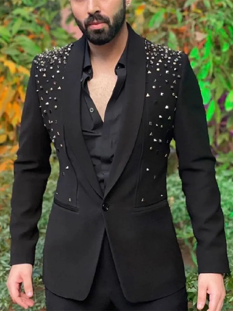 Men Suits Tailor-Made 2 Pieces Blazer Pants One Button Diamonds Beaded Sheer Lapel Business Wedding Plus Size Customized