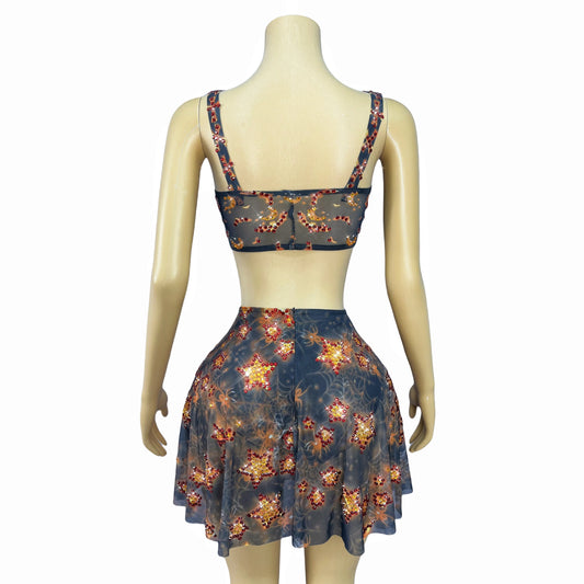 Sexy Printing Halloween Twinkling Rhinestones Top Skirt Split Dress Set Birthday Party Show Outfit Stage Performance Costume