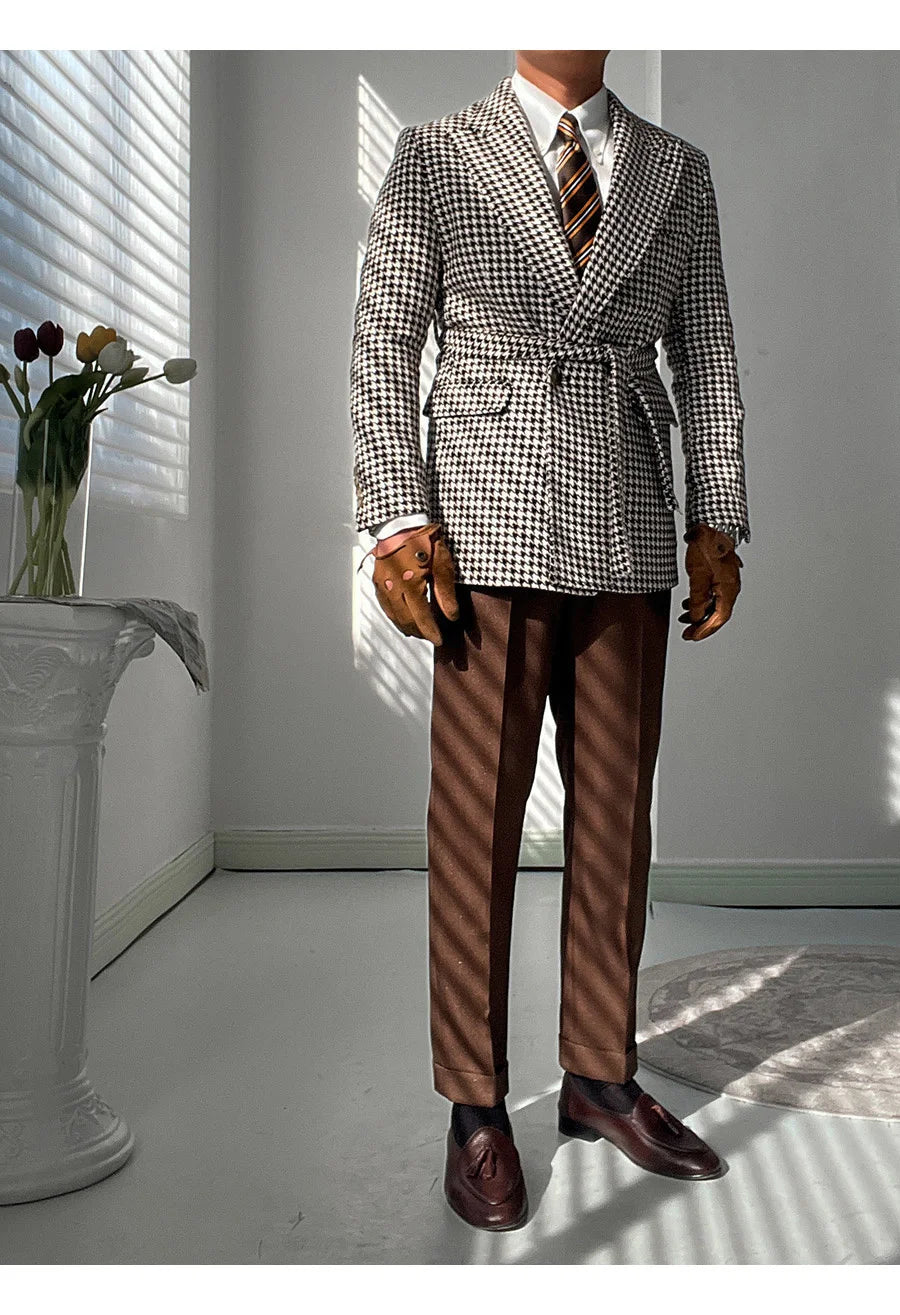 Houndstooth Woolen Blen Dplaid Retro Casual Men's Coat Slim Long Sleeve Belt Suit 2PC