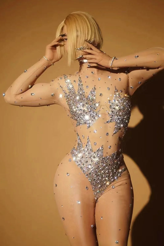 Sparkly Diamonds Jumpsuit Women Performance Dancer Costume Mesh Stretch Rompers Party Celebrate Outfit Stage Club Wear