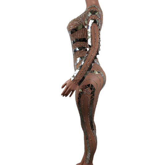 Body de moda con brillantes y diamantes de imitación para mujer, ropa de fiesta para discoteca, monos ajustados con lentejuelas, leotardos sexis con diamantes. 