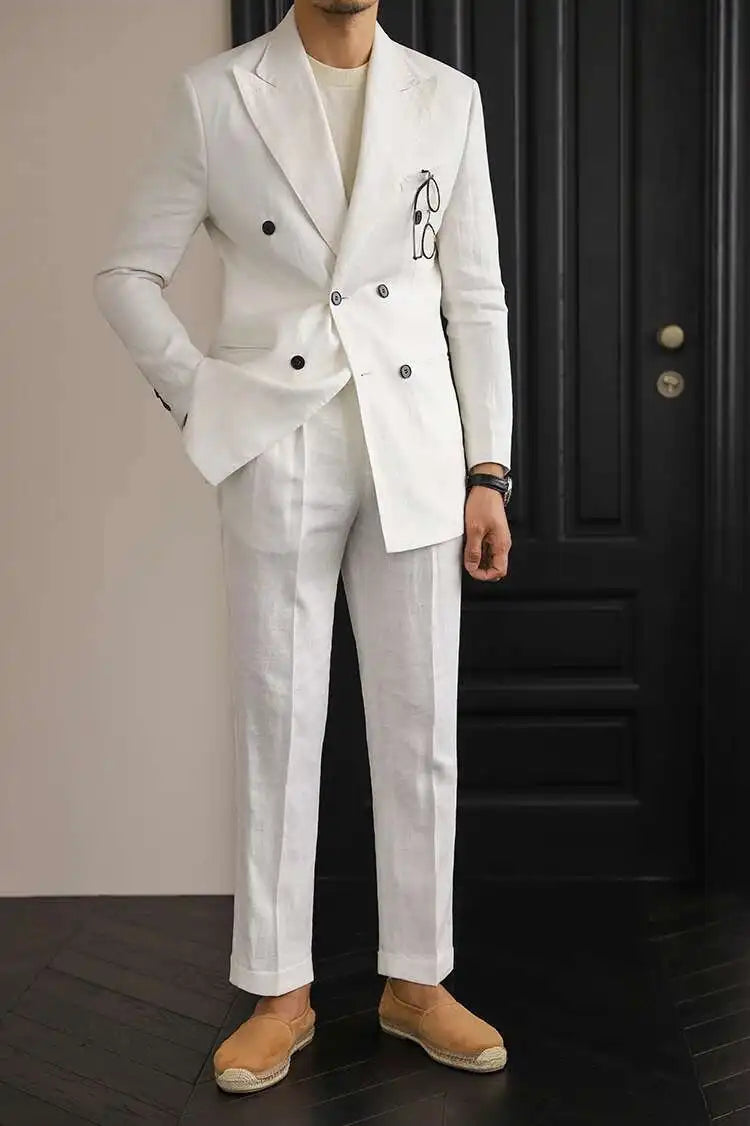 Luxury Linen Double Breasted Italian Suit for Men's Versatile Slim Fit Business Lapel Collar Retro Suit