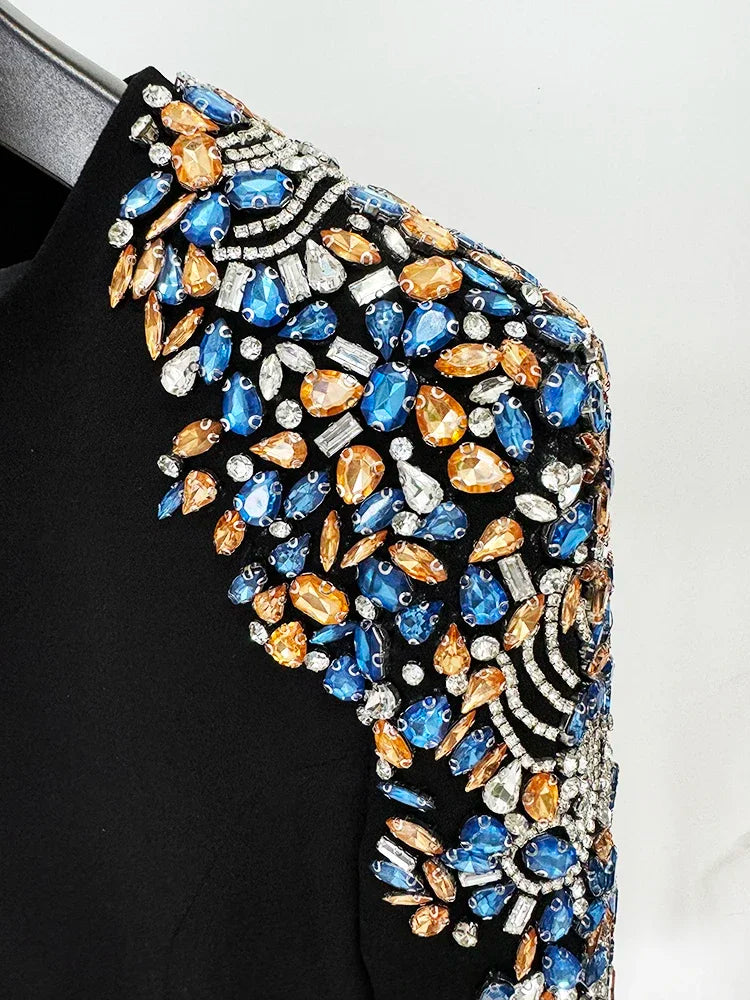 Designer Fashion Women's Long Sleeve Rhinestone Diamonds Beaded Midi Dress