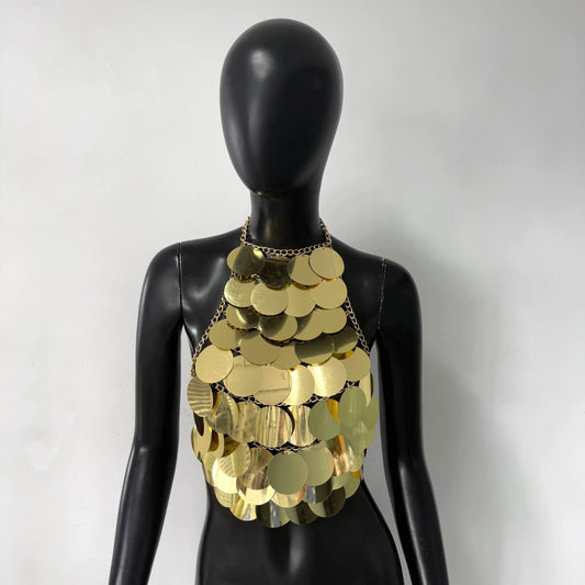 Shiny Metal Sequins Women Camisole Sexy Backless Halter Neck Hollow Out Tassel Tank Top Summer Party Nightclub Crop Tops New