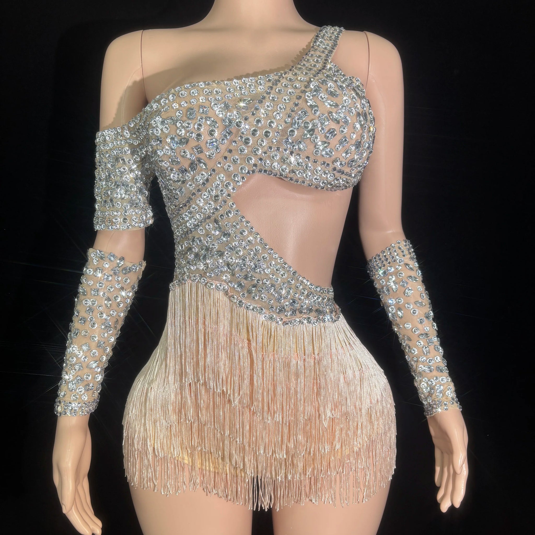 Women Sparkly Rhinestones Sexy Mesh Tassels Bodysuit Gloves Birthday Dress Dance Singer Dancer Performance Stage Costume