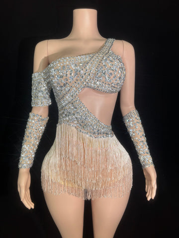 Women Sparkly Rhinestones Sexy Mesh Tassels Bodysuit Gloves Birthday Dress Dance Singer Dancer Performance Stage Costume