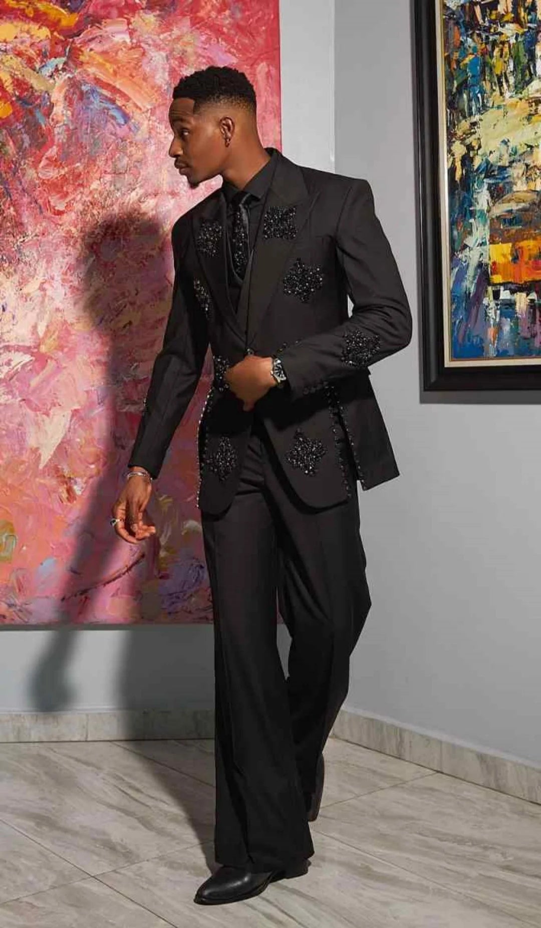 Luxury Men Suit 2 Pieces Blazer Tuxedo One Button Crystals Beaded Slim Fit Wedding Groom Prom Customized