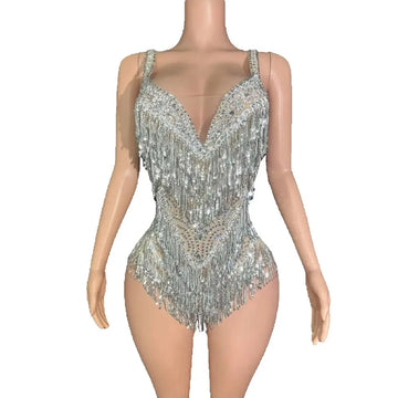 Sparkly Rhinestones Sequins Tassel Bodysuit Women Sexy See Through Performance Dance Costume Singer Dancer Stage Photoshoot Wear