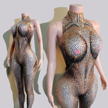 Sparkle Full Rhinestones Brown Jumpsuits Sexy Fake Nude Drag Queen Party GOGO Dance Costume Stage Outfit Festival Show Singer