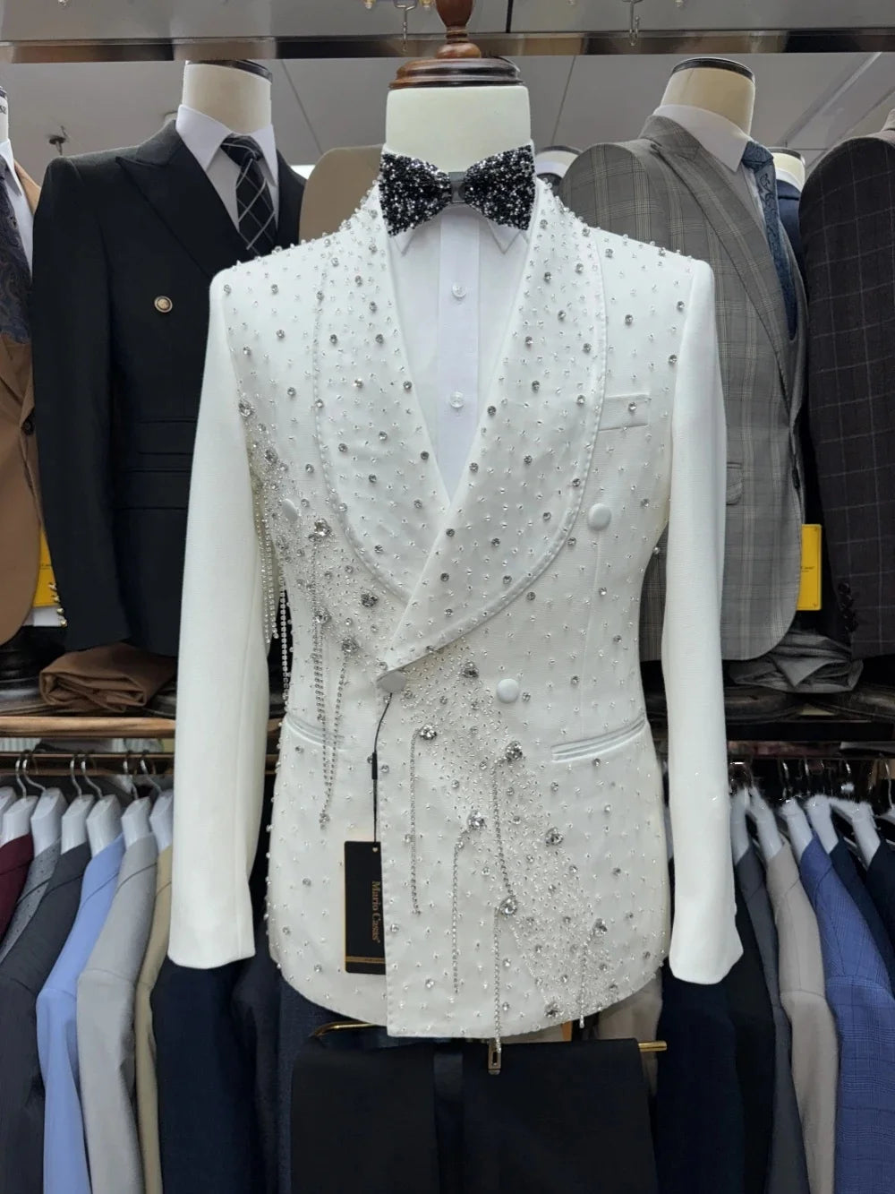 Men Suits Rhinestone Tailor-Made 2 Pieces Beaded Shawl Lapel Jacket Tassel Blazer Double Breasted Groom Customized Coat Pants