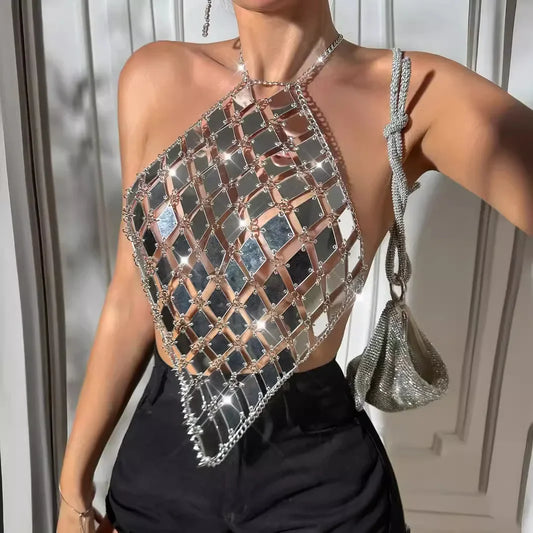 Fashionable Sexy Open-Back Halter Neck Tank Top Women's Acrylic Patchwork Strapless Tank Vest Fashionableins
