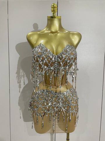 Sparkly Silver Sequins Crystals Chain Top Two Pieces Set Women Celebrate Party Birthday Dress NightClub Performance Stage Outfit