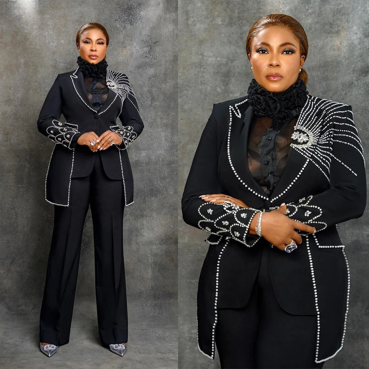 Crystal Beaded Women Pants Suits 2 Pcs Handmade Haute Couture Blazer Jacket And Pants Suits Customized Wedding Guest Formal Wear