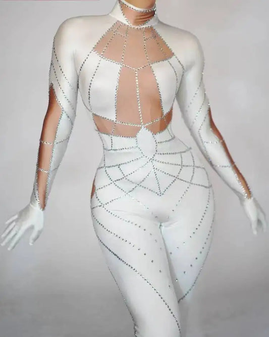 Fashion White Green Women Jumpsuit Long Sleeve  Gloves Rhinestones Sexy Club Party Wear Dance Singer Stage Performance Costumes