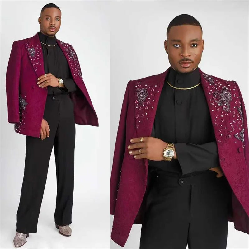 Burgundy Jacquard Men Suits Set 2 Pieces Blazer+Black Pants Trousers Crystals Wedding Tuxedos Jacket Formal Office Male Coat
