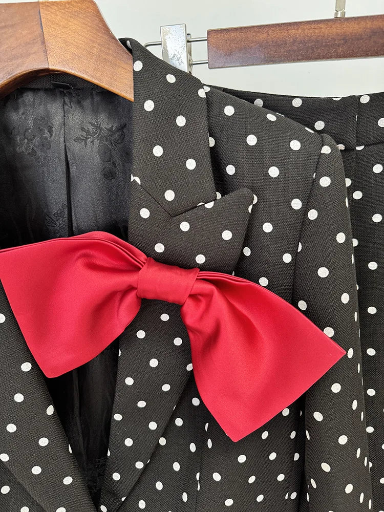 Designer Suit Women Bow Decorated Polka Dot Blazer Pants Set 2PCS