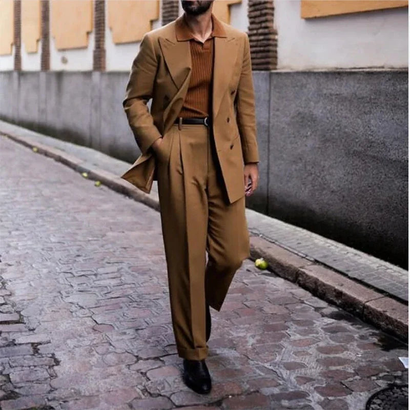 Brown Men's Suits Loose Smart 2 Pieces Peaked Lapel Double Breasted Wedding Casual Daily Custom Male Clothing Jacket Pants