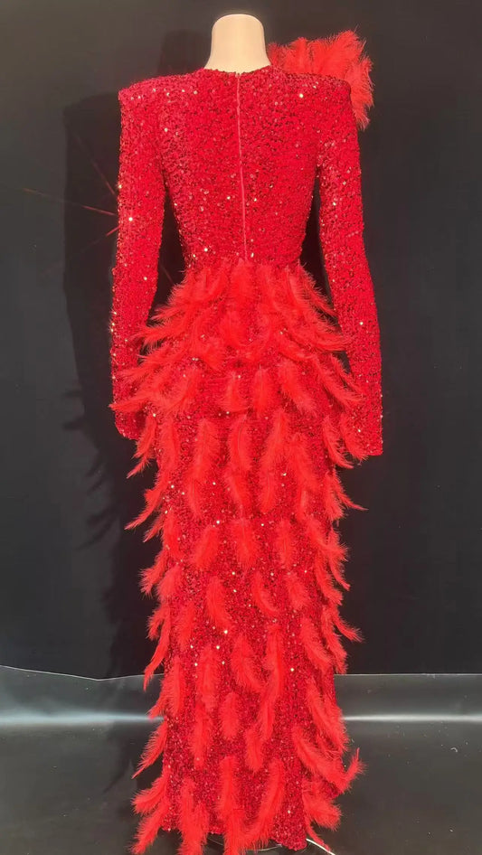 Women Sexy Stage Sparkling Red Feather Luxury Long Dress Celebrating Dancer Flash Wedding Party Birthday Photoshoot Dress