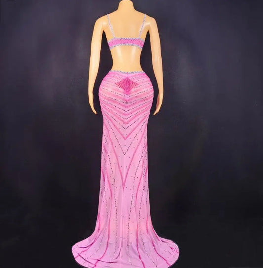 Sexy Pink Blue Sparkly Rhinestones Supenders High Split Backless Dress Women Evening Prom Gown Red Carpet Stage Photoshoot Dress
