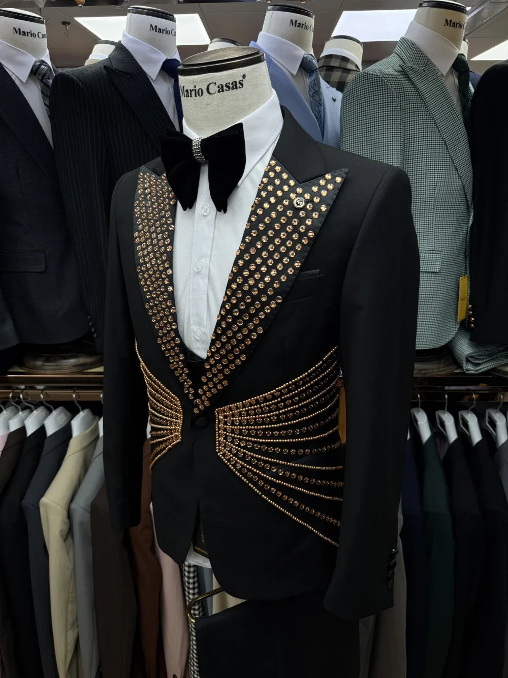 Celebrity Golden Rhinestones Men's Suit Customized Single Breasted Handsome Formal Banquet Jacket Vest Pants Groom Wear