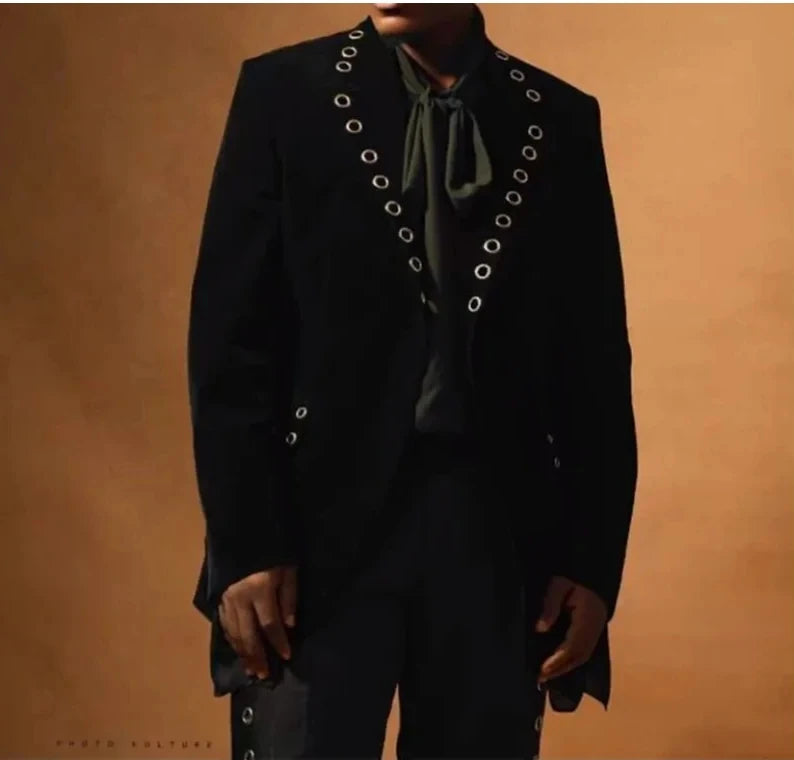 Black Ring Men Suit Set 2 Piece Velvet Blazer+Cotton Pant Trousers Customized Formal Office Jacket Wedding Tuxedos Male Coat