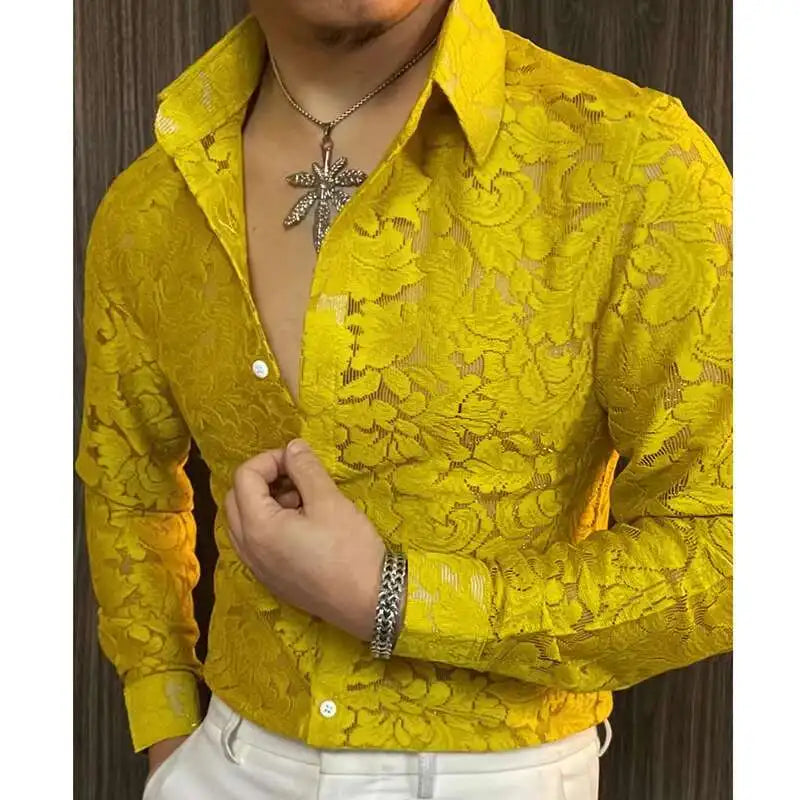 Men's Slim Fit Shirt Spring Semi Transparent Long Sleeved Shirt Men Nightclub Sexy Casual Social Party Tuxedo Stage Singer Shirt