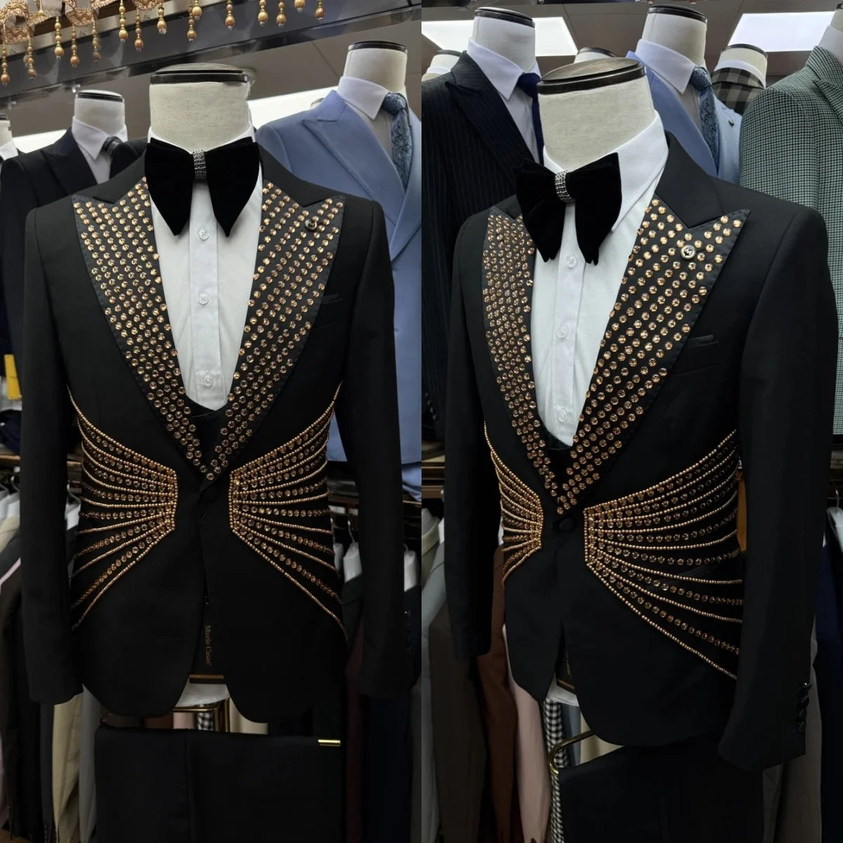Men's Wedding Suit Sparkly Peaked Lapel Blazer Rhinestone Pearls 2 Pieces Set Coat Prom Formal Occasion Customized Jacket Pants