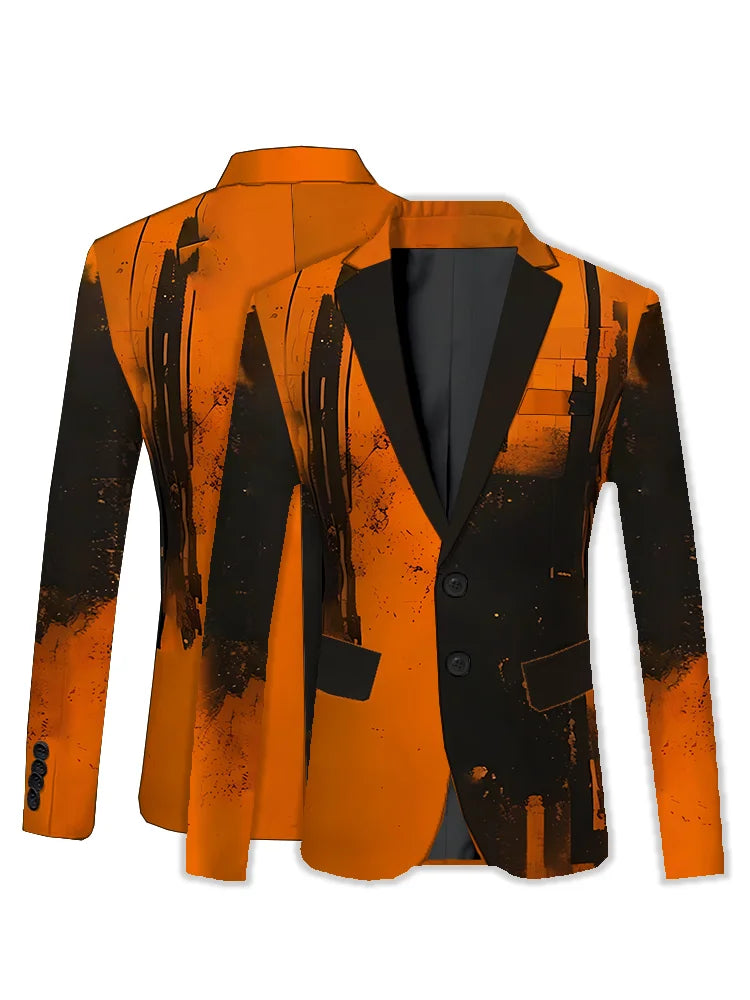 Superbe costume de smoking orange à motifs abstraits pour homme, idéal pour les mariages et les événements formels.