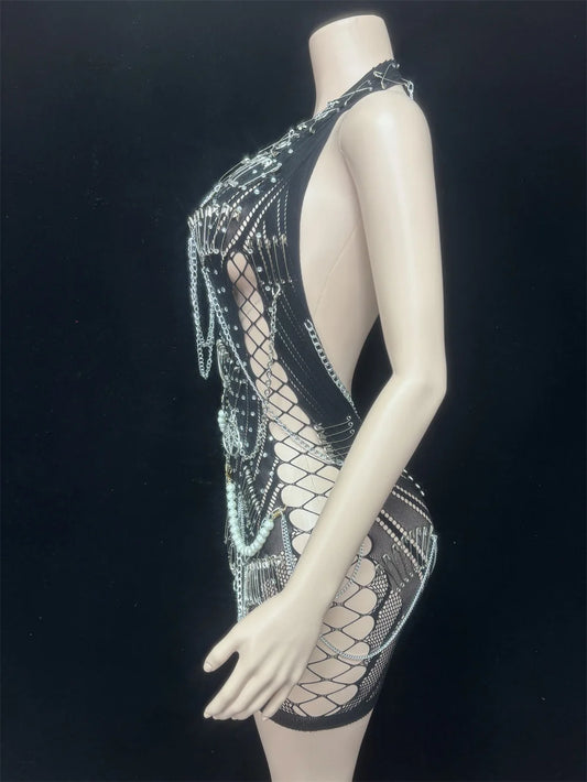 Women Sexy Halter Sleeveless Hollow Out Playsuit High Street Pin Decoration Backless Performance Stage Outfit Nightclub Costume
