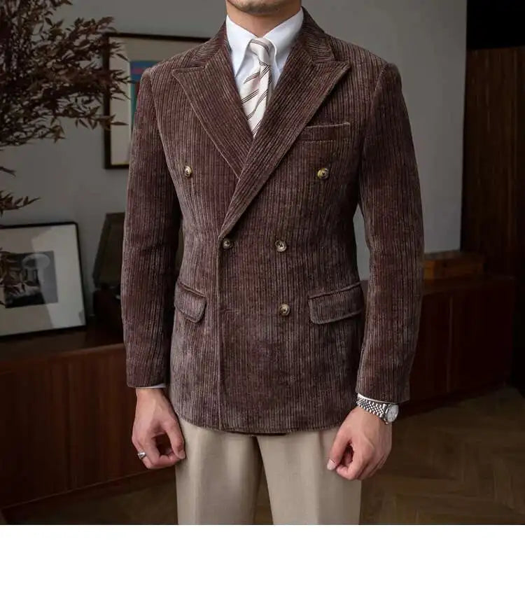 AutumnCasual Striped Jacket Men Blazer Masculino Blazer Hombre Italian Style Double Breasted Blazer Men Lapel Colla Blazer Homme