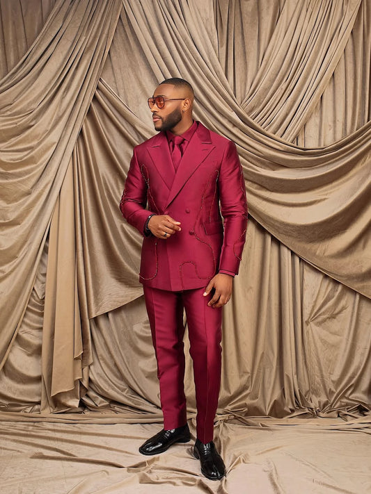 Stylish Men Suits Peaked Lapel Beading Blazer Tailor-Made 2 Pieces Set Jacket Double Breasted Groom Customized Coat Pants