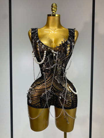 Women Pin Sparkly Crystal Cut Out Sexy Stretch Bodysuit Women Nightclub DJ Clothing Stage Singer Dancer Performance Costume