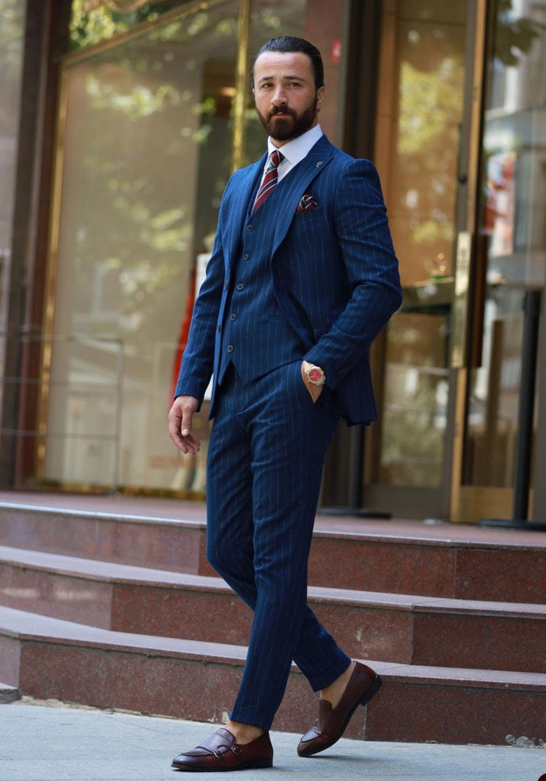 Traje de hombre azul marino de 3 piezas, blazer, chaleco, pantalón, botonadura sencilla, solapa de pico, traje de negocios a rayas para novio de boda, traje a medida para hombre 