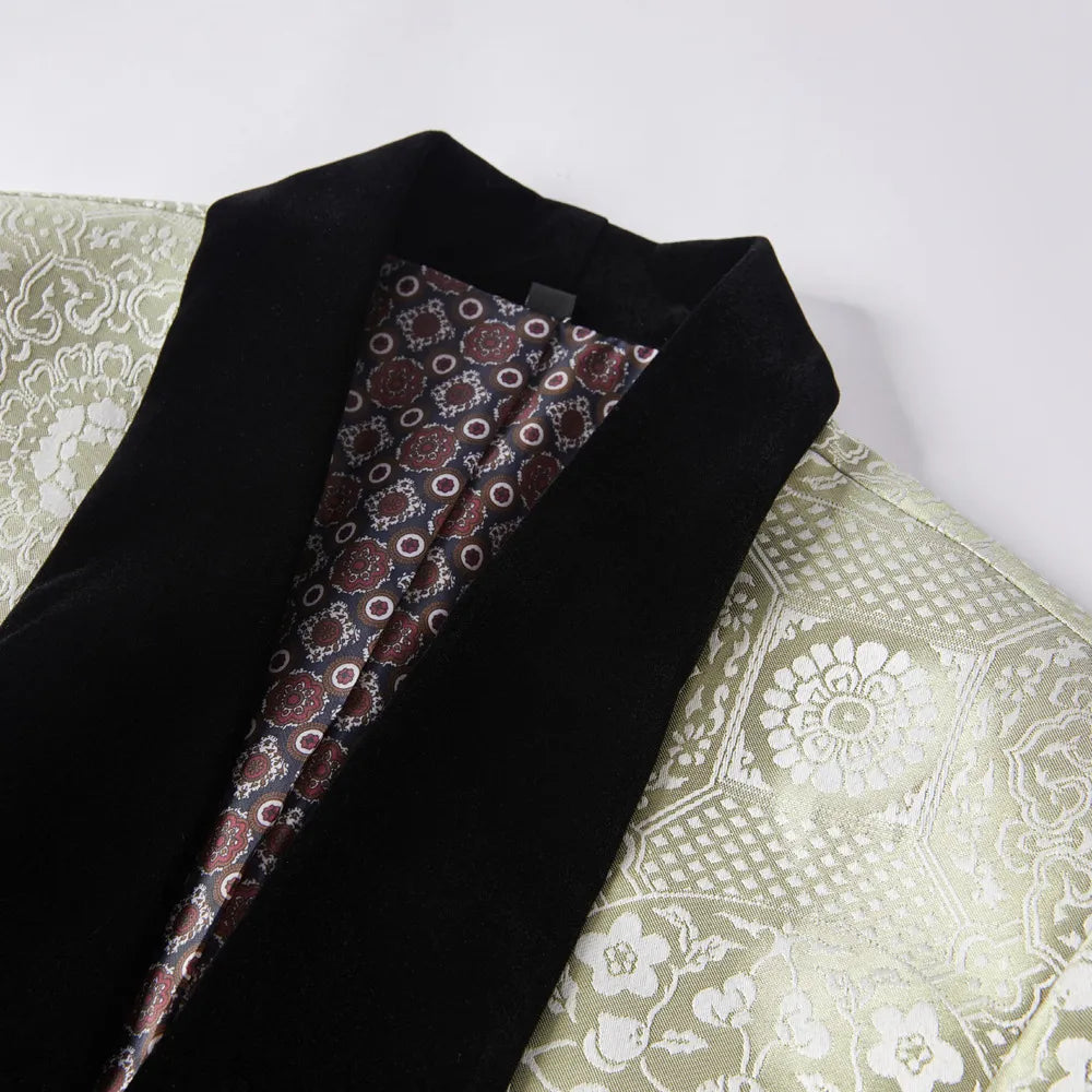 Conjunto de traje de jacquard para hombre, franela verde, cuello de fruta, chaqueta de dos piezas multicolor 