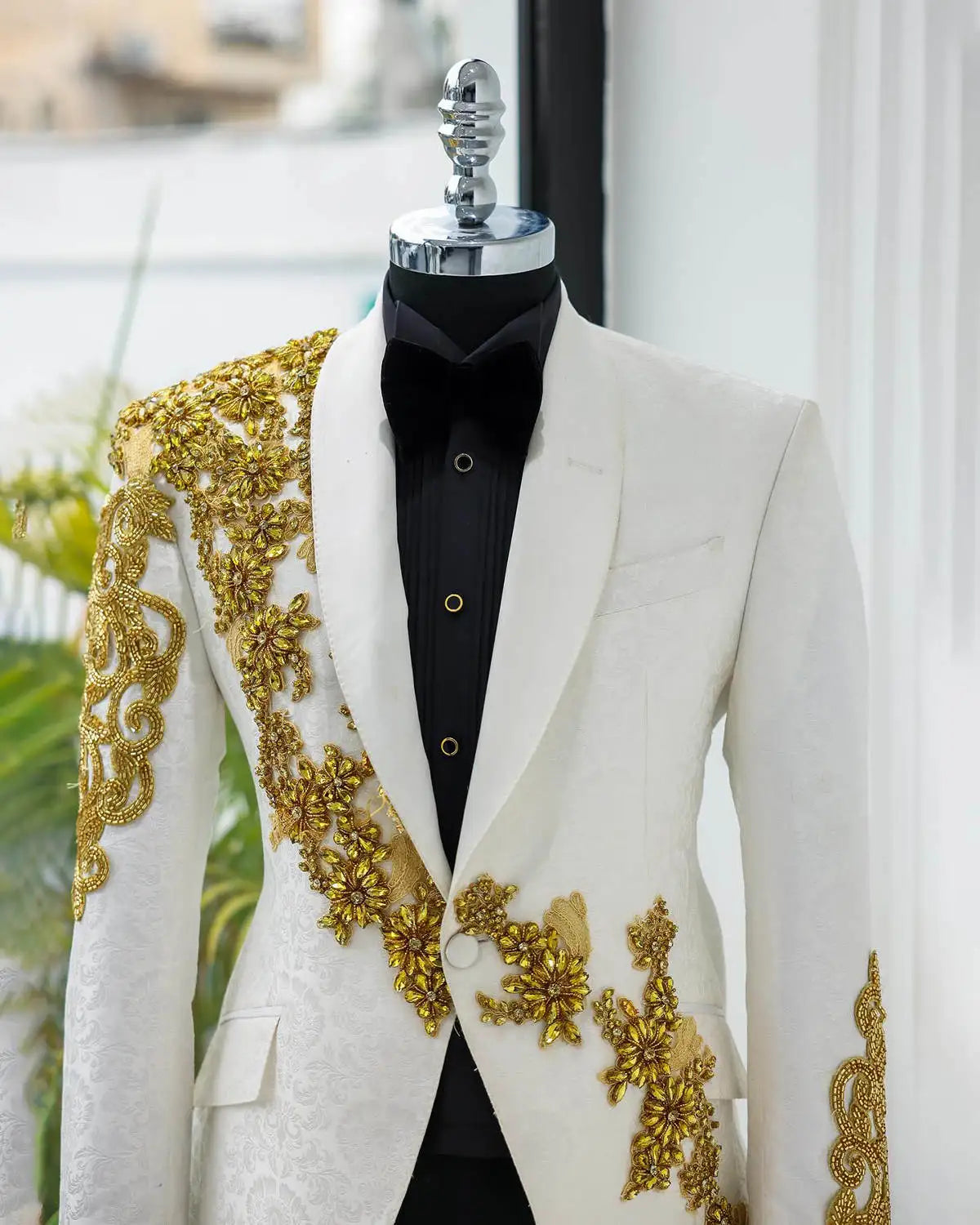 Men's Wedding Tuxedo with Gold Crystal Appliqués and Shawl Lapel, Custom Made Groom Suit