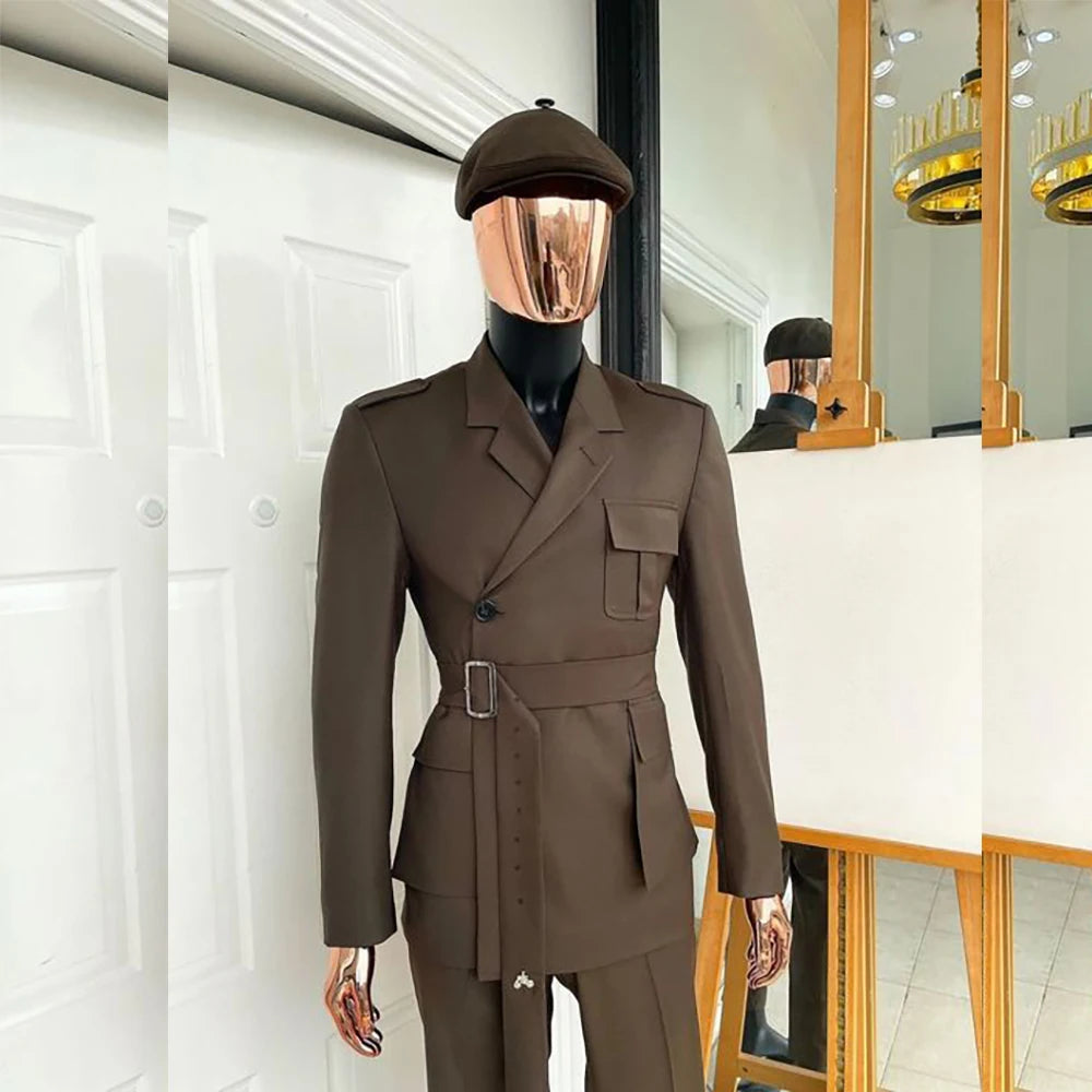 Ensemble blazer croisé marron élégant pour homme avec ceinture et revers crantés - Idéal pour les bals de fin d'année, les fêtes et les événements formels