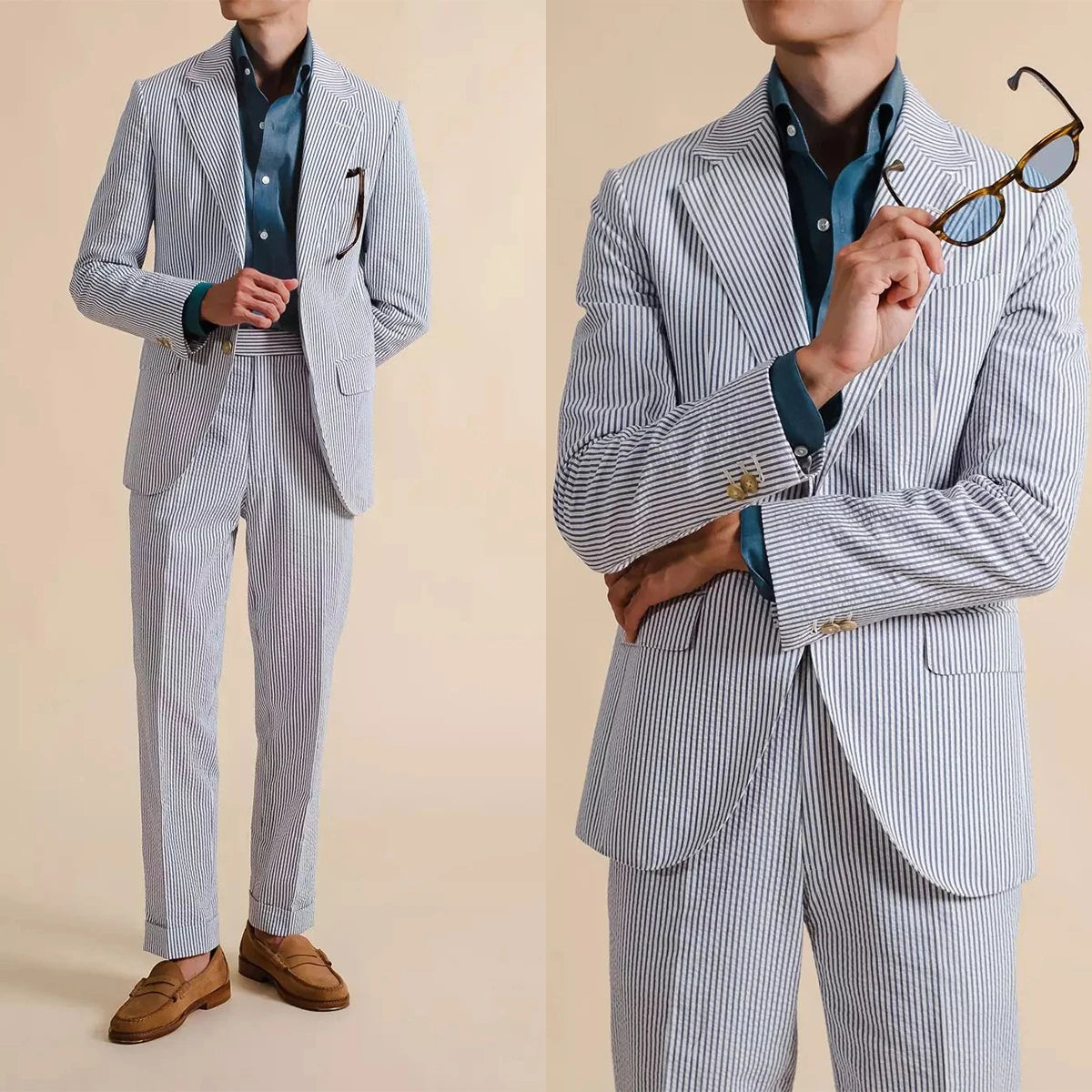 Classic Striped Mens Suits Slim Fit Business Blazer One Button Wedding Groom Tuxedos 2 Piece Set