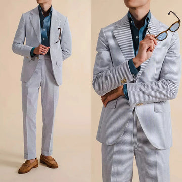 Classic Striped Mens Suits Slim Fit Business Blazer One Button Wedding Groom Tuxedos 2 Piece Set