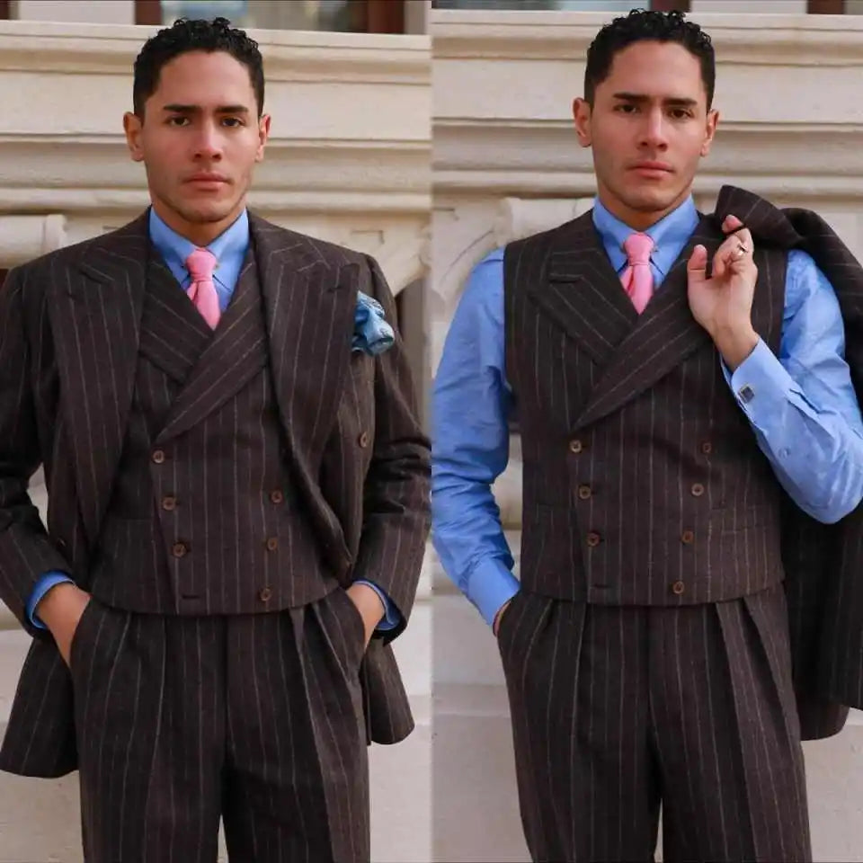 Fashion Wedding Tuxedos Pinstripe 3 PCS Jacket Vest Pants Men Suit Classic Fit  Double Breasted Evening Groom Coat Customized