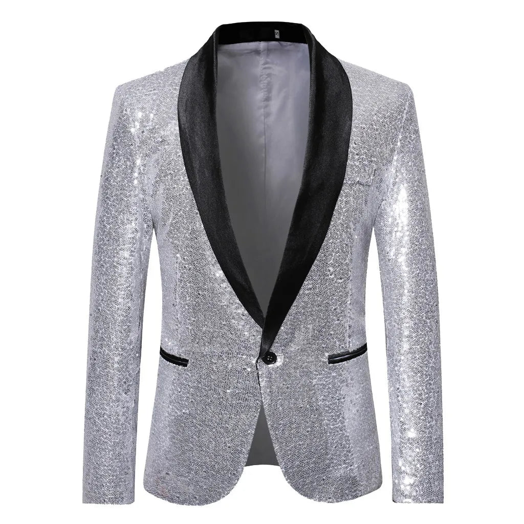 Chaqueta blazer con lentejuelas doradas brillantes y adornos brillantes para hombre, elegante blazer de color liso para negocios, ropa exterior, blusa, disfraces para hombre