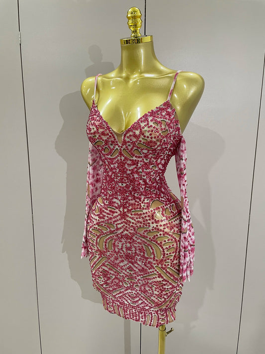 Nuevo minivestido sexy de malla con brillantes diamantes de imitación y guantes para mujer, ideal para fiestas de cumpleaños y celebraciones, disfraz de bailarina para escenario.