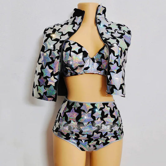 Conjunto de 3 piezas de traje de baile moderno de jazz para mujer, con lentejuelas láser y estrellas plateadas, chaleco y pantalones cortos, ideal para fiestas, bares, clubes y rave. 