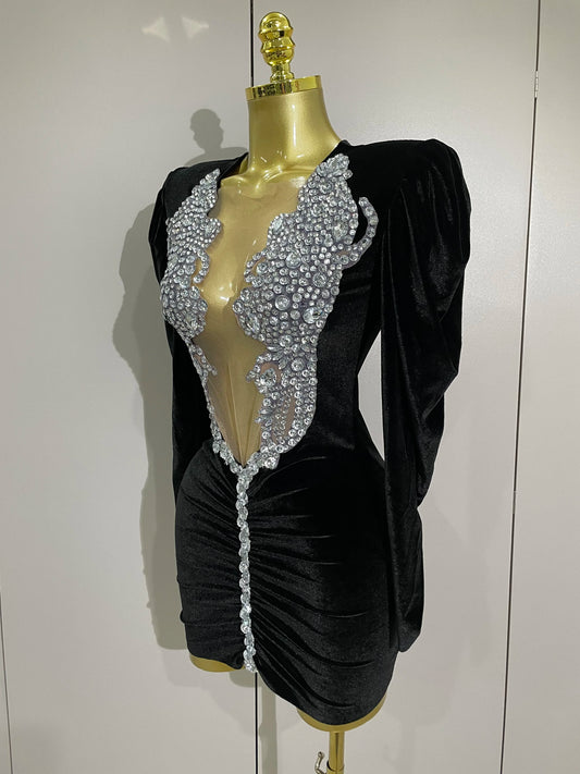 Sparkly Crystals Sexy Mesh Black Velvet Short Dress Women Elegant Evening Prom Luxury Birthday Party Dresses Stage Costume